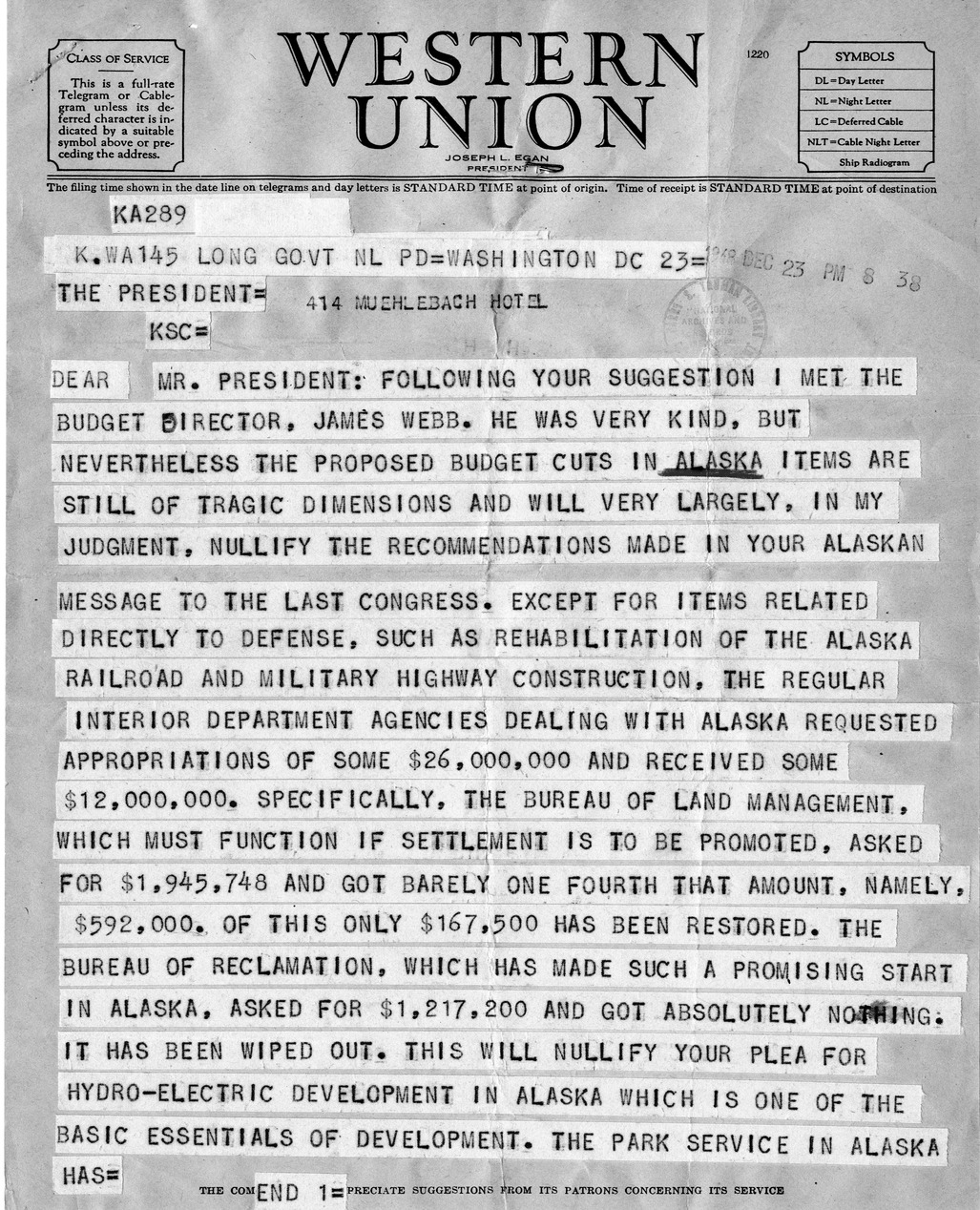 Memorandum from General Robert Landry to President Harry S. Truman, with Related Material