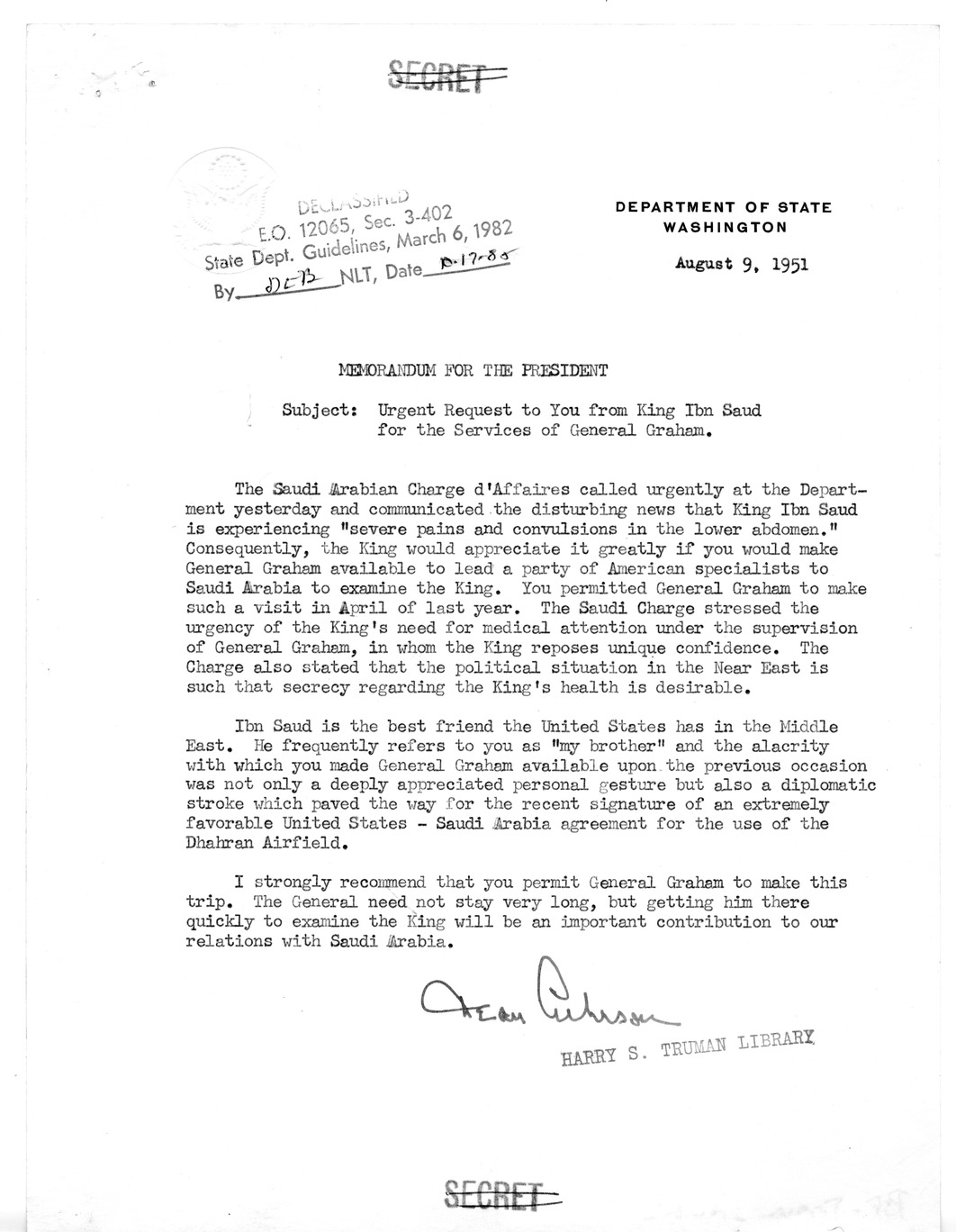 Memorandum from President Harry S. Truman to General Wallace Graham, with Attached Memorandum from Secretary of State Dean Acheson