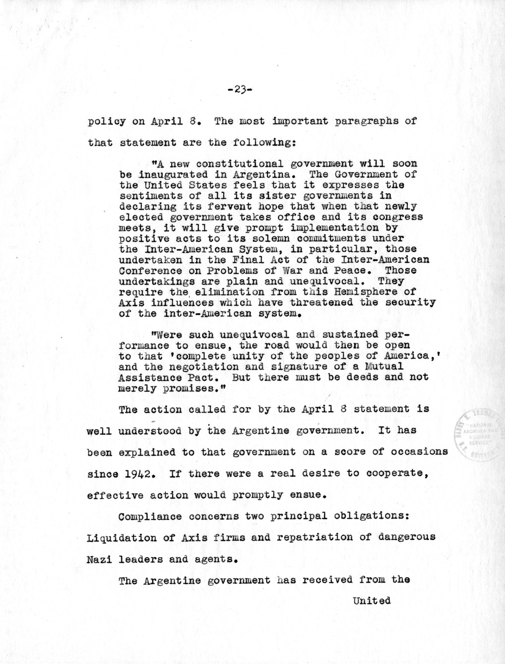 Memorandum from President Harry S. Truman to Spruille Braden with Attachment