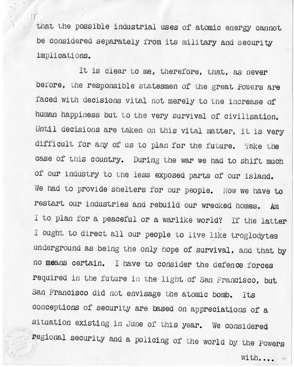 Memorandum from Prime Minister Clement Attlee to President Harry S. Truman