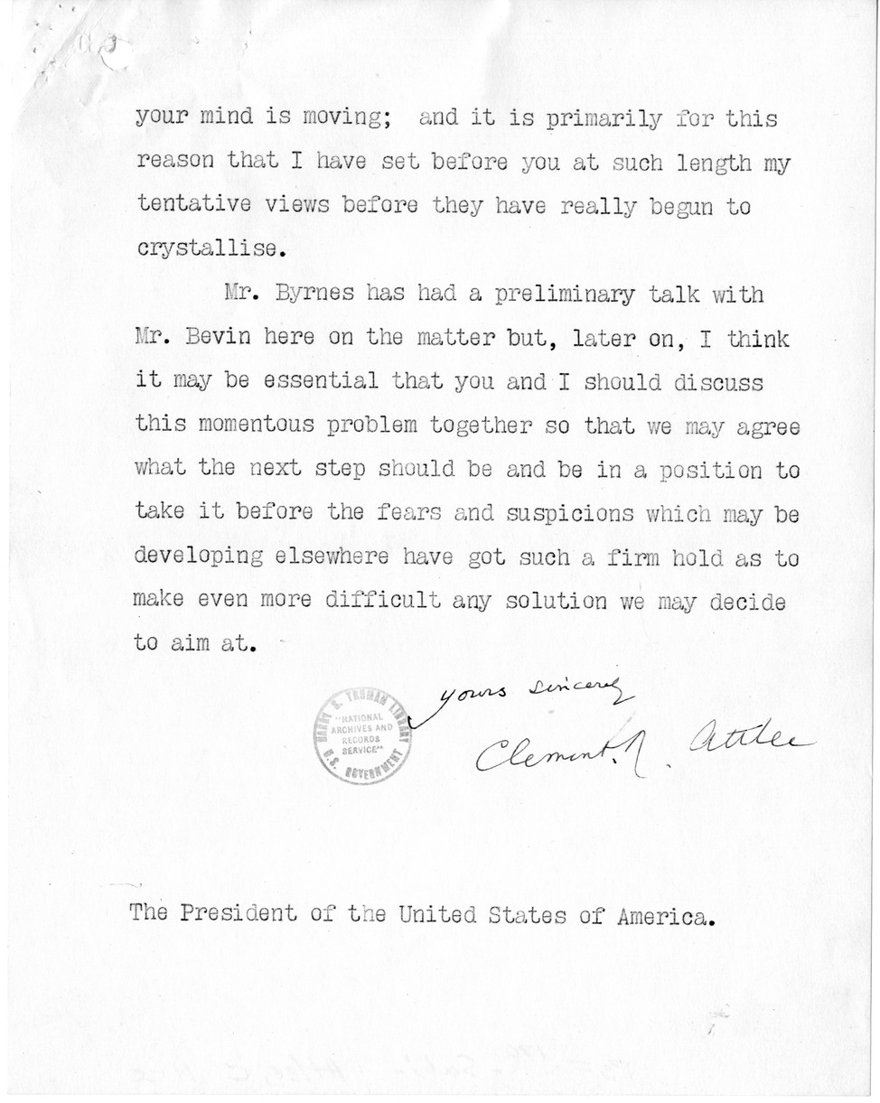 Memorandum from Prime Minister Clement Attlee to President Harry S. Truman