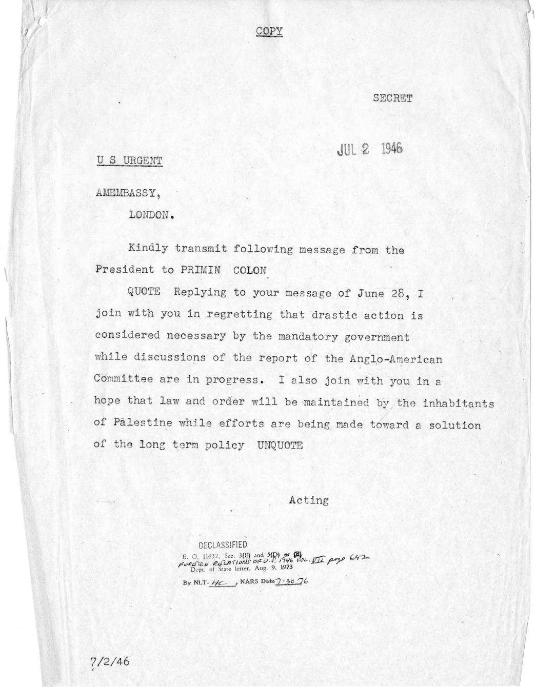Correspondence Between President Harry S. Truman and Prime Minister Clement Attlee