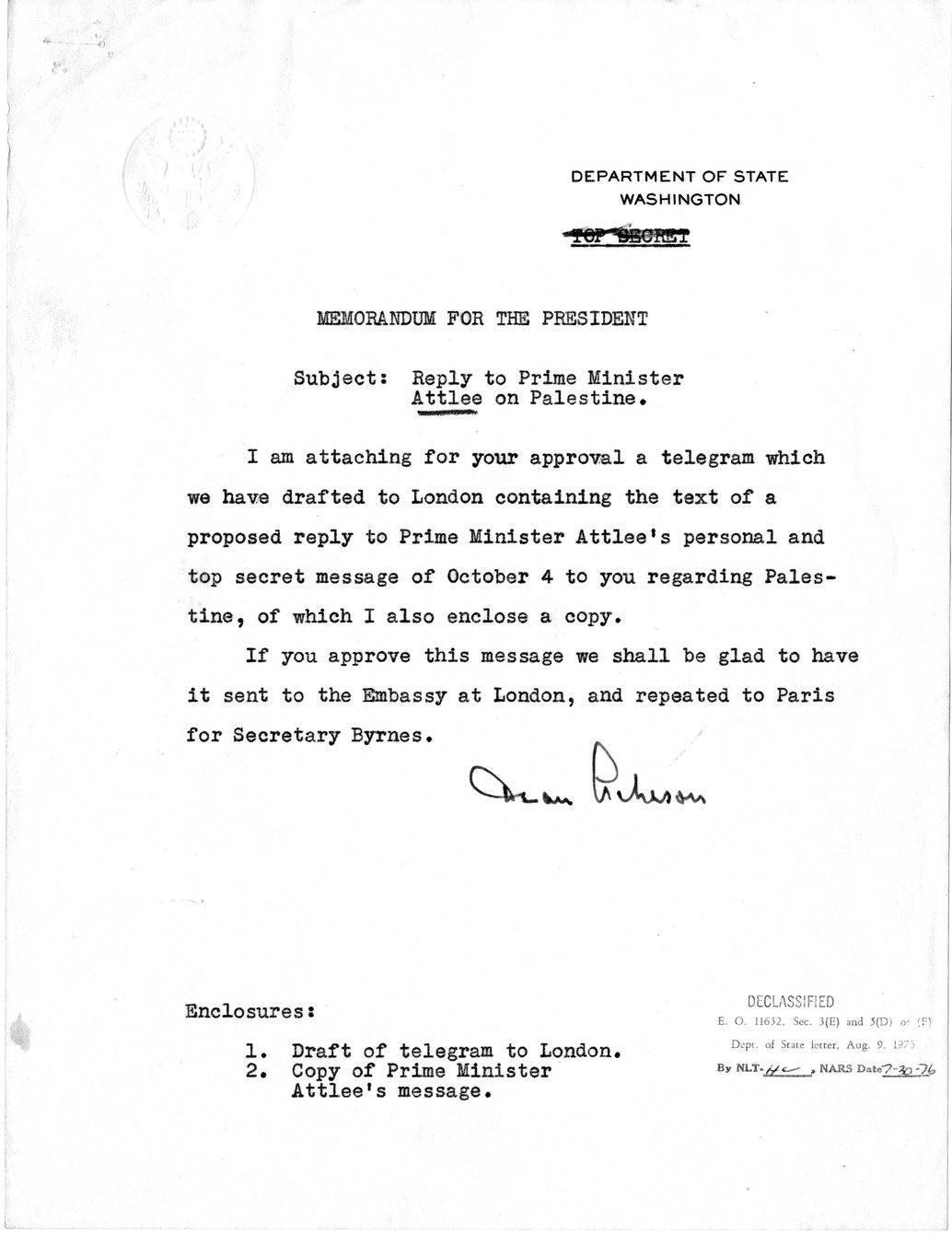 Memorandum from Dean Acheson to President Harry S. Truman, with Attached Correspondence from Prime Minister Clement Attlee