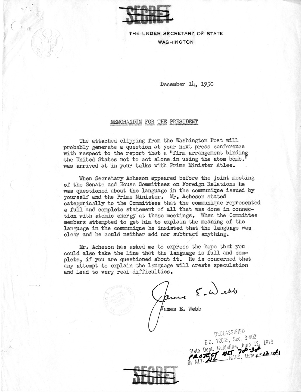 Memorandum from James E. Webb to President Harry S. Truman, with Attached Communique