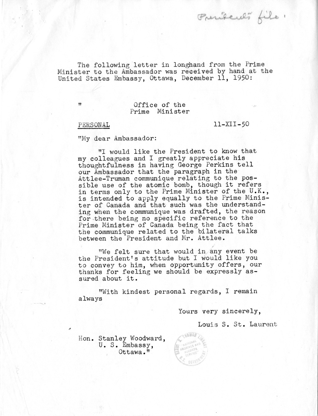 Memorandum from James E. Webb to President Harry S. Truman, with Attached Communique