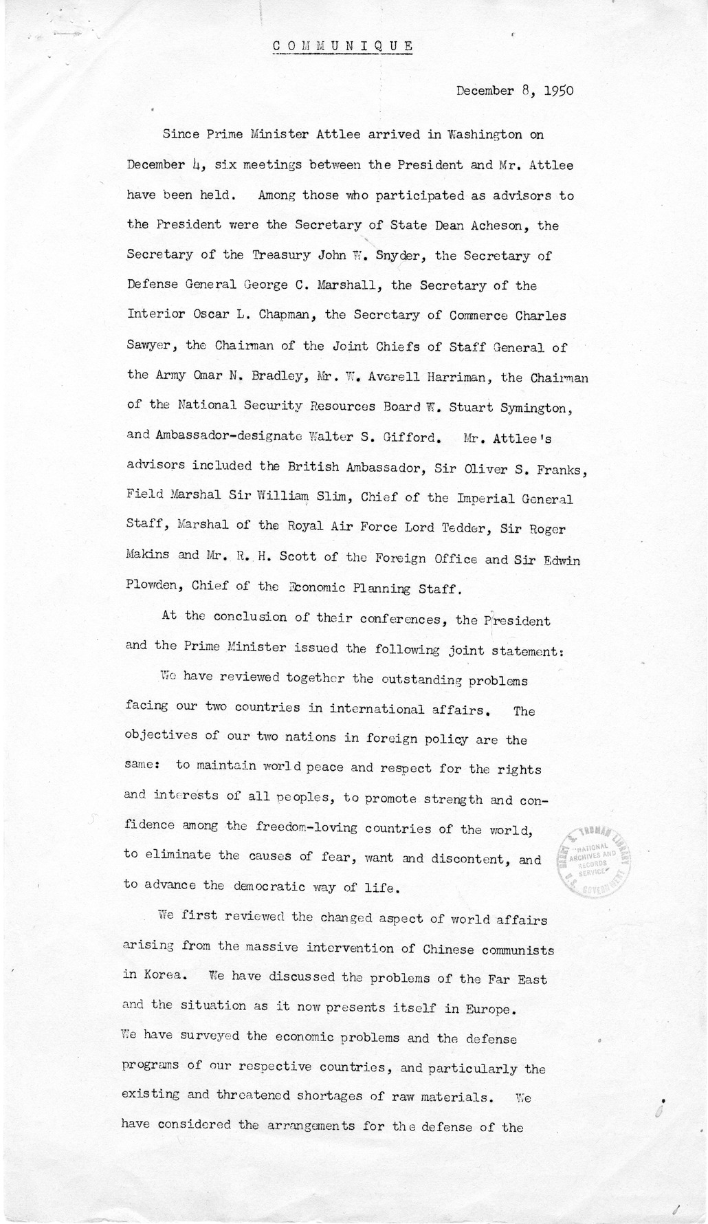 Memorandum from James E. Webb to President Harry S. Truman, with Attached Communique