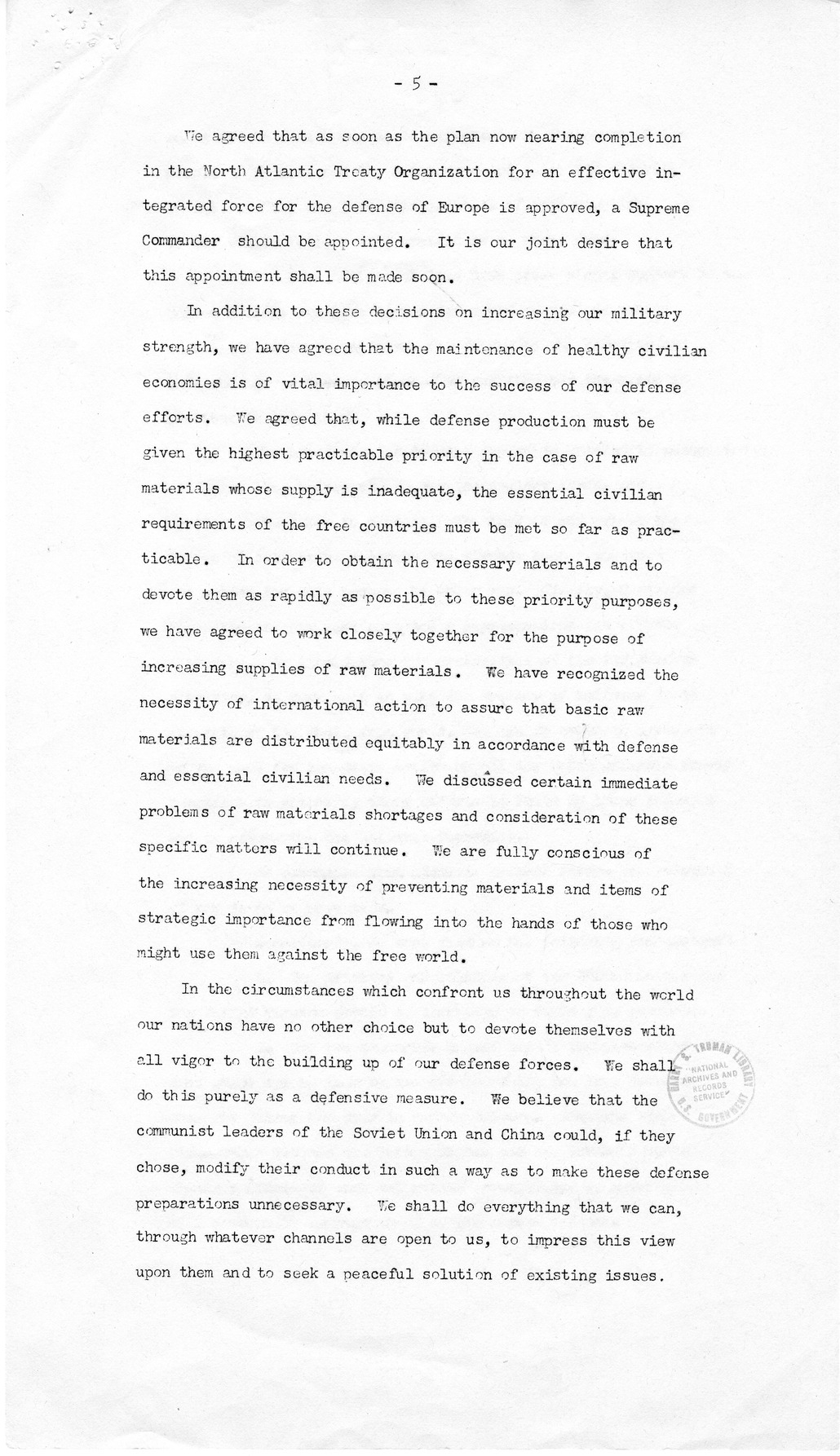 Memorandum from James E. Webb to President Harry S. Truman, with Attached Communique