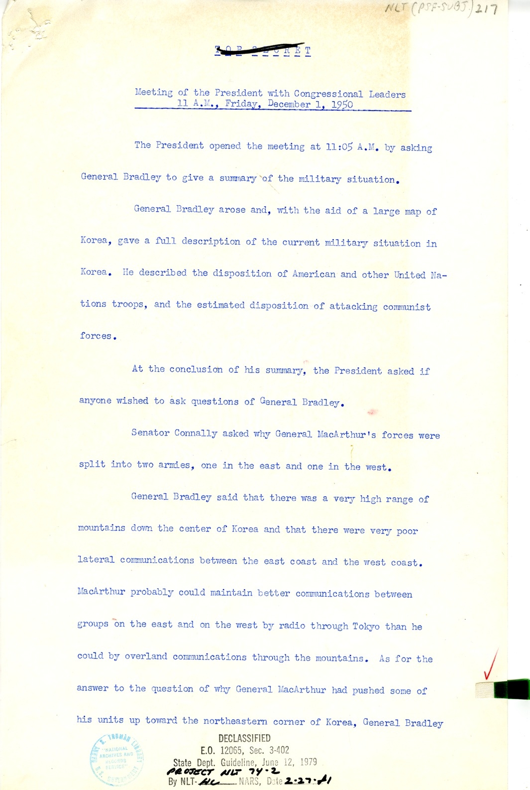 Minutes of Meeting of President Harry S. Truman with Congressional Leaders