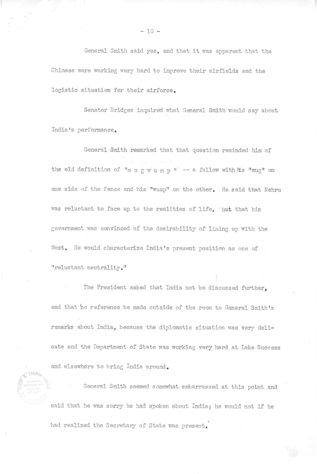 Minutes of Meeting of President Harry S. Truman with Congressional Leaders