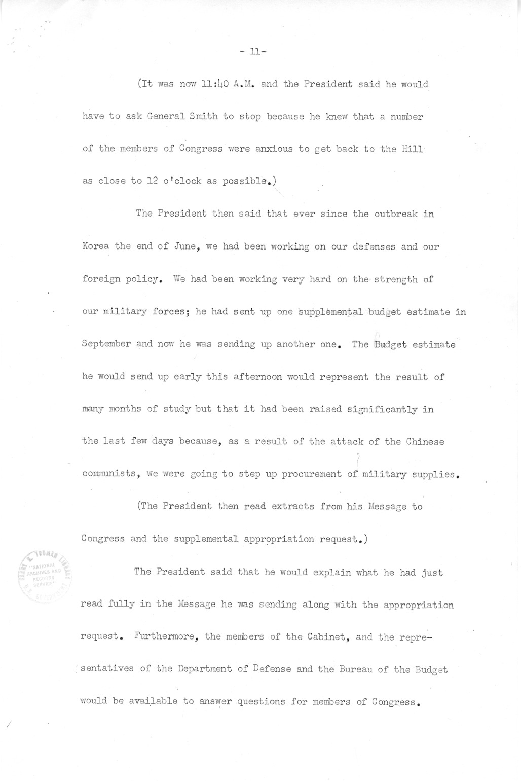 Minutes of Meeting of President Harry S. Truman with Congressional Leaders