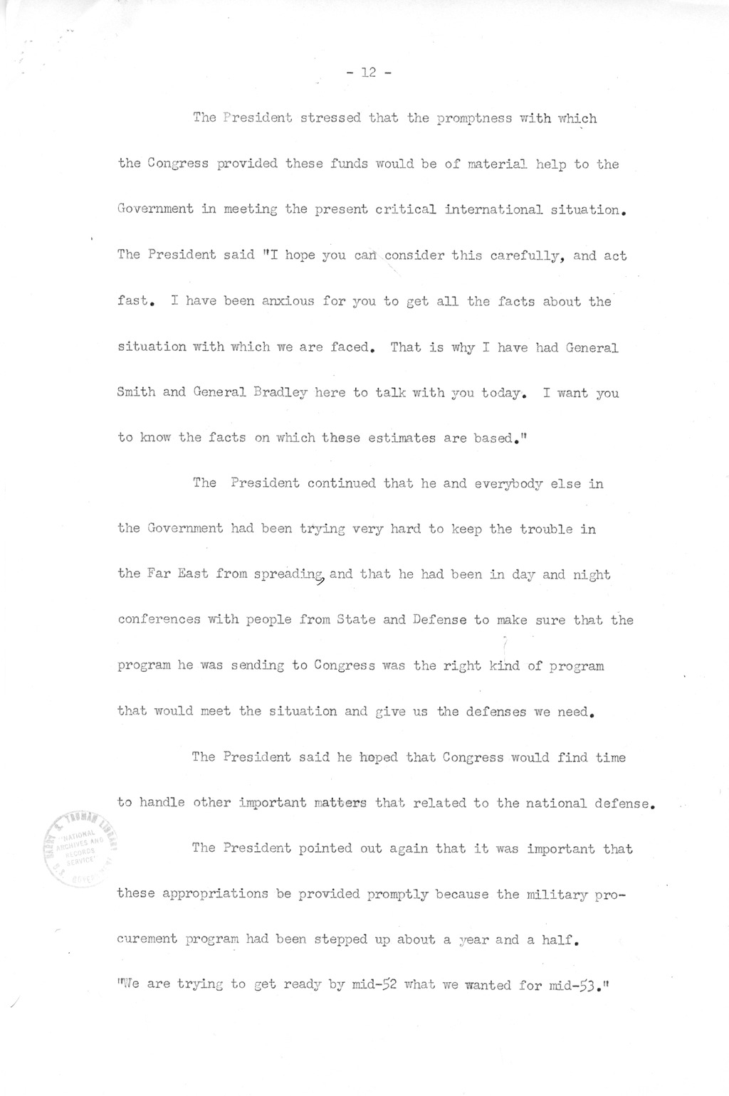 Minutes of Meeting of President Harry S. Truman with Congressional Leaders