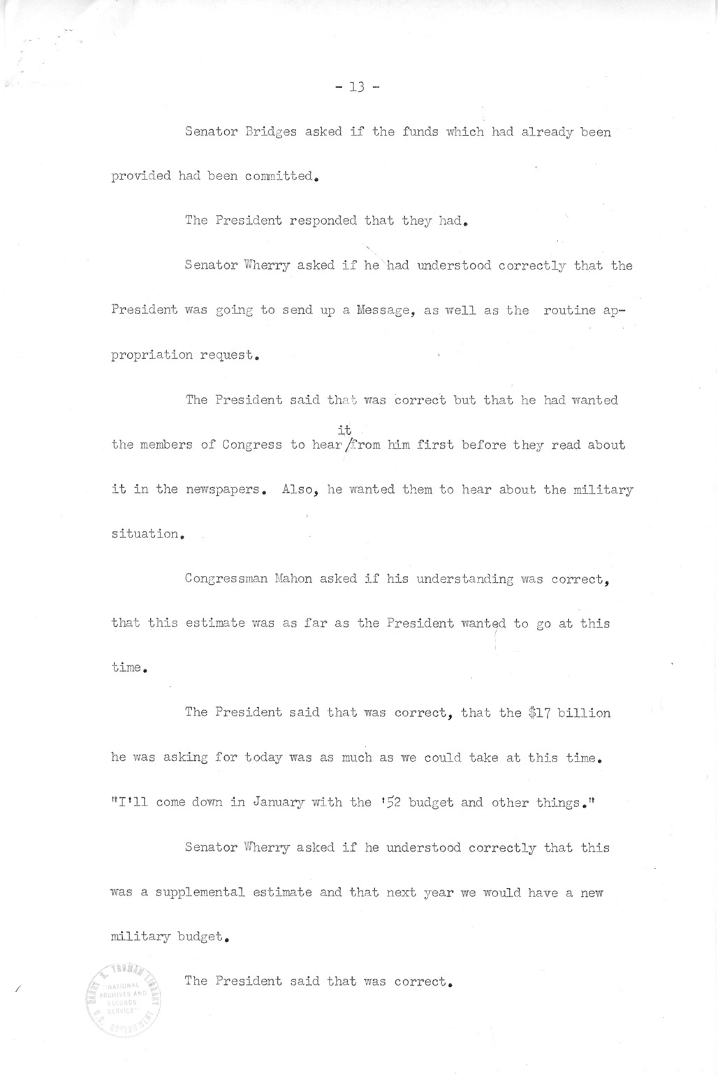 Minutes of Meeting of President Harry S. Truman with Congressional Leaders