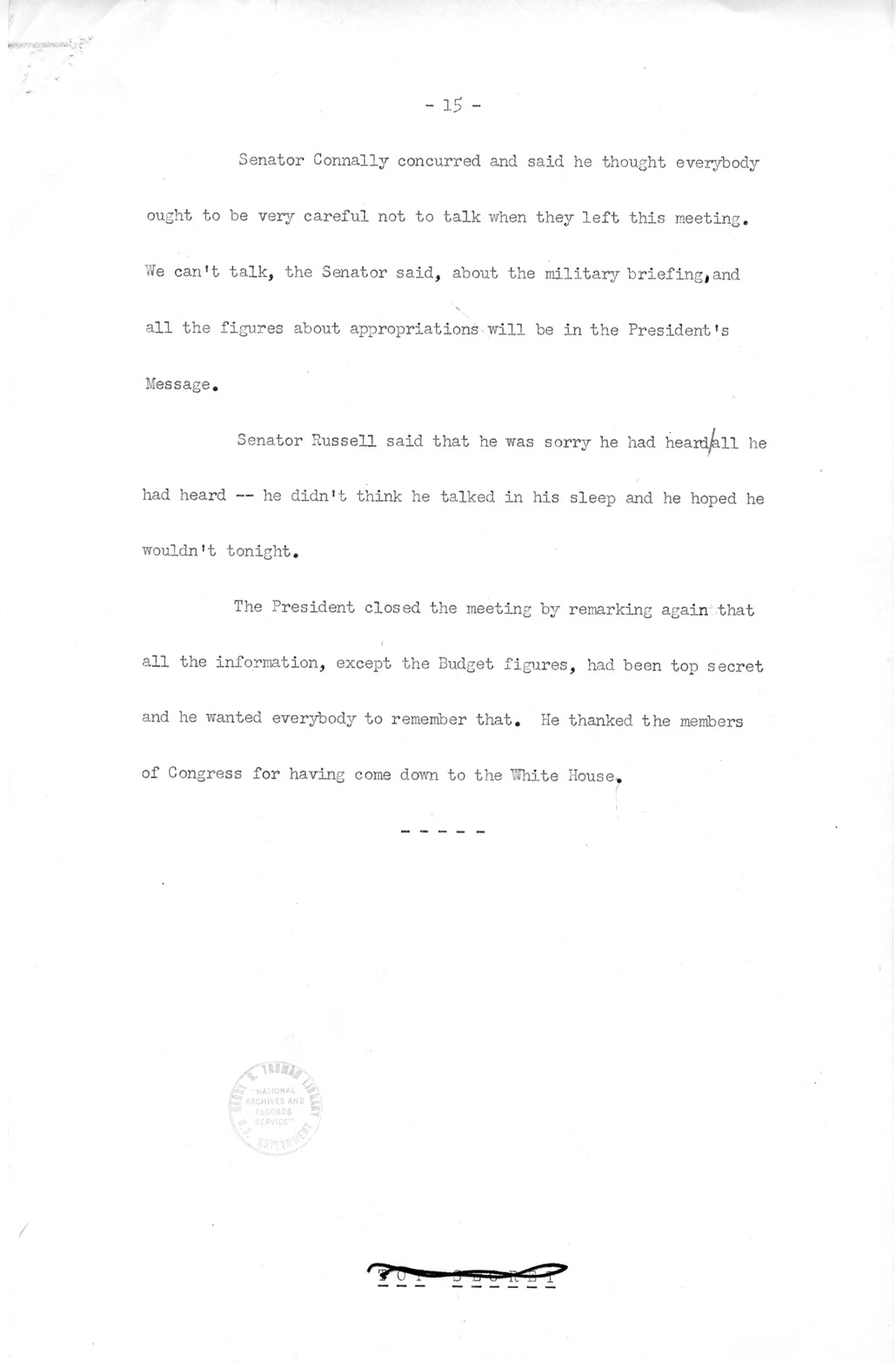 Minutes of Meeting of President Harry S. Truman with Congressional Leaders