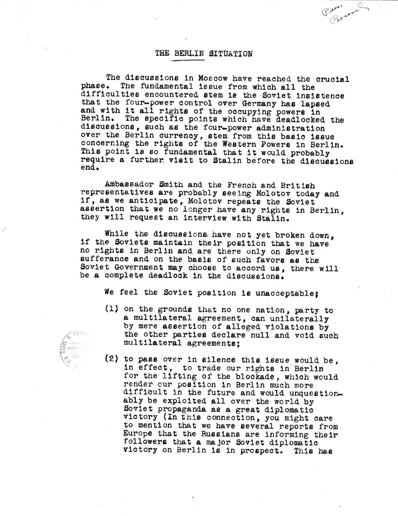 Memorandum, Report on Negotiations with the Soviets