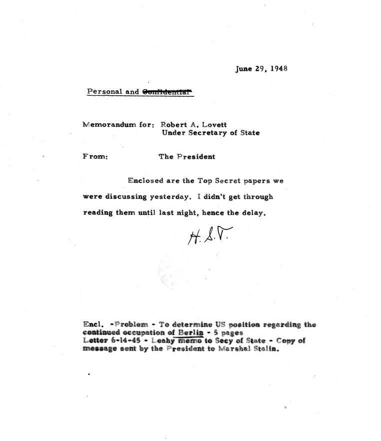 Memorandum from President Harry S. Truman to Under Secretary of State Robert Lovett