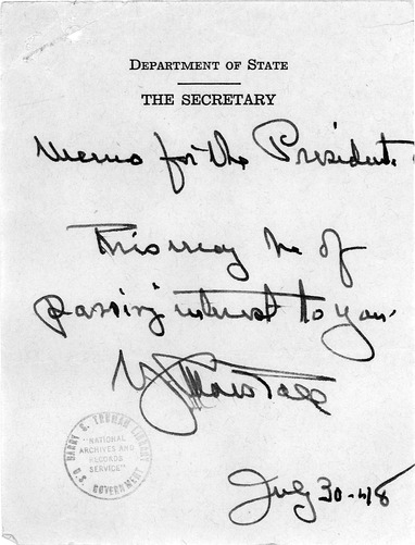 Memorandum from Secretary of State George Marshall to President Harry S. Truman, with Attached Report, U. S. Public Opinion on the Berlin Situation