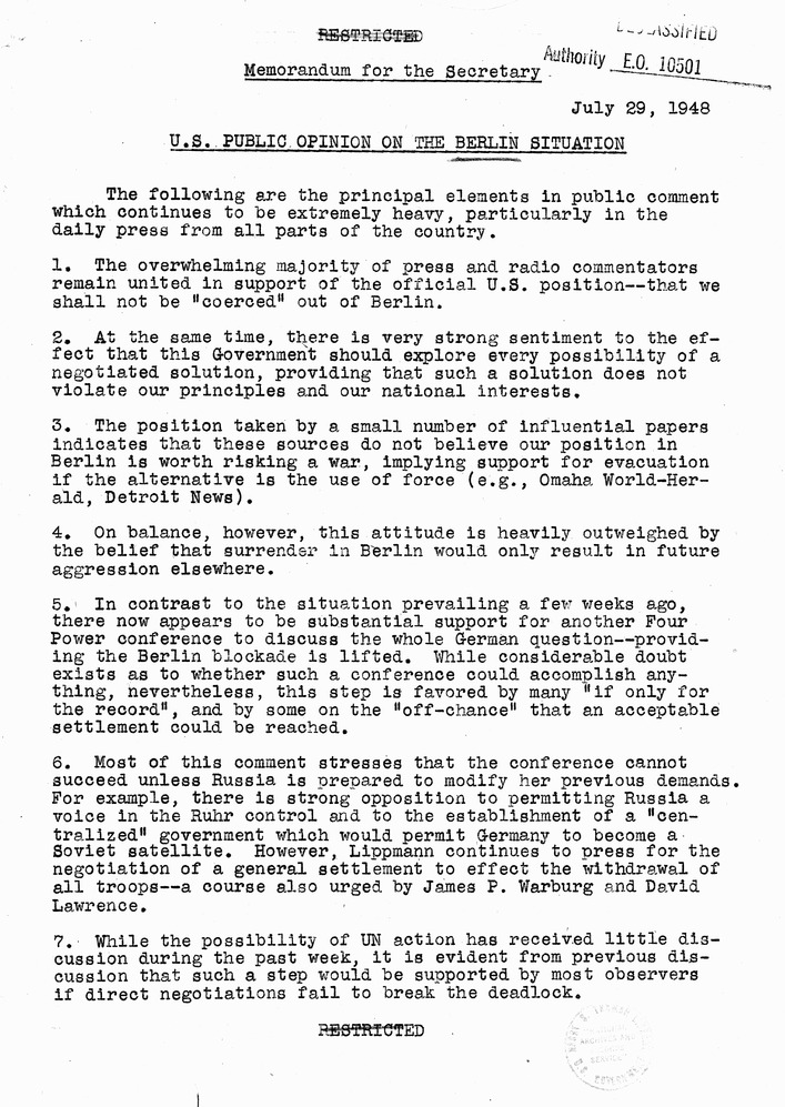 Memorandum from Secretary of State George Marshall to President Harry S. Truman, with Attached Report, U. S. Public Opinion on the Berlin Situation