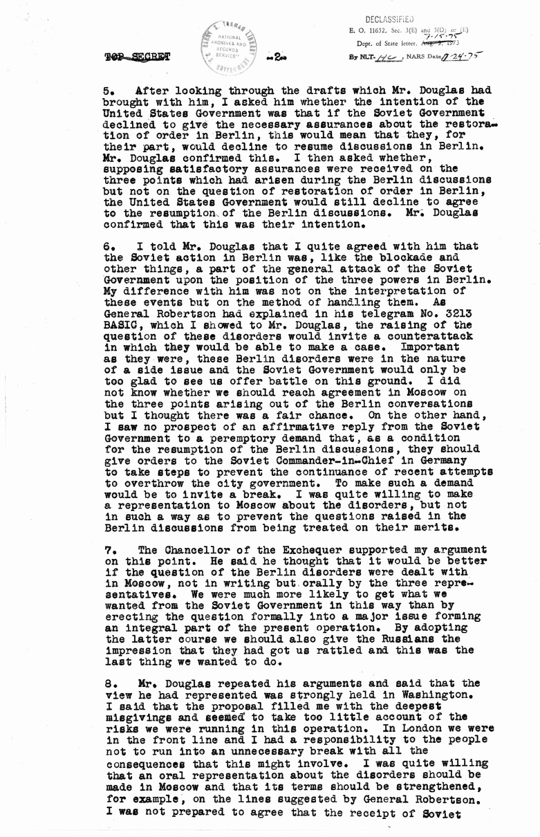 Memorandum of Conversation with Sir Oliver Franks, Secretary of State George Marshall, and Charles Bohlen