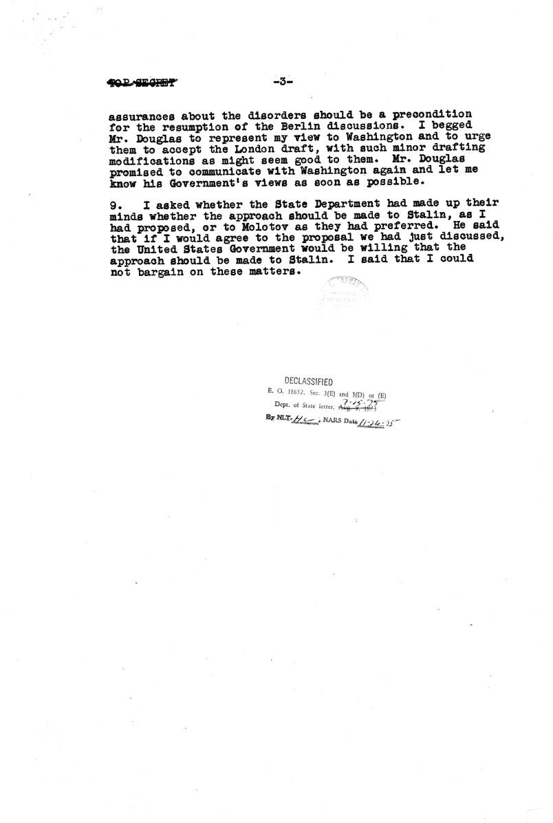 Memorandum of Conversation with Sir Oliver Franks, Secretary of State George Marshall, and Charles Bohlen