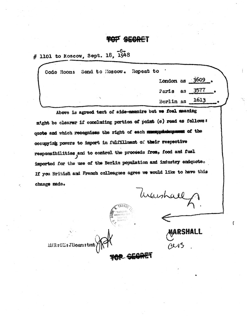 Telegram from Secretary of State George Marshall to American Embassy, Moscow