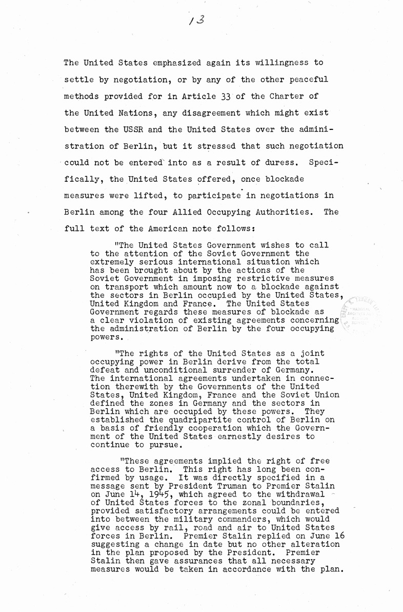 Memorandum from Eben Ayers to President Harry S. Truman, with Attached Report, The Berlin Crisis: Report of the Moscow Discussions, 1948