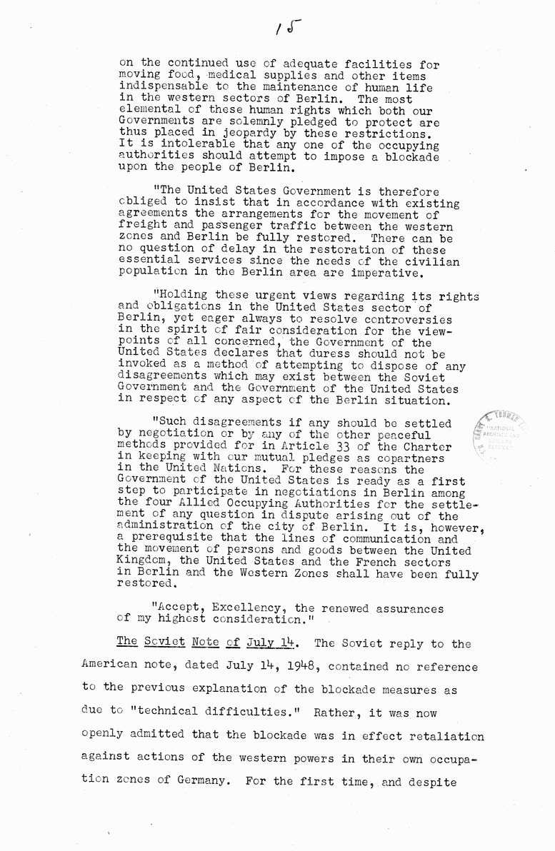 Memorandum from Eben Ayers to President Harry S. Truman, with Attached Report, The Berlin Crisis: Report of the Moscow Discussions, 1948