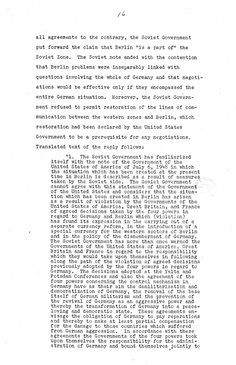 Memorandum from Eben Ayers to President Harry S. Truman, with Attached Report, The Berlin Crisis: Report of the Moscow Discussions, 1948