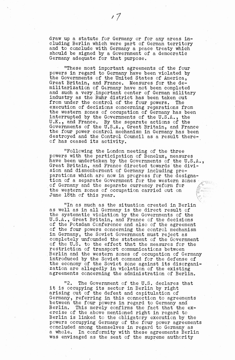 Memorandum from Eben Ayers to President Harry S. Truman, with Attached Report, The Berlin Crisis: Report of the Moscow Discussions, 1948