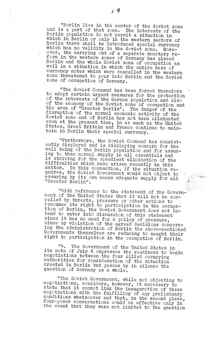 Memorandum from Eben Ayers to President Harry S. Truman, with Attached Report, The Berlin Crisis: Report of the Moscow Discussions, 1948