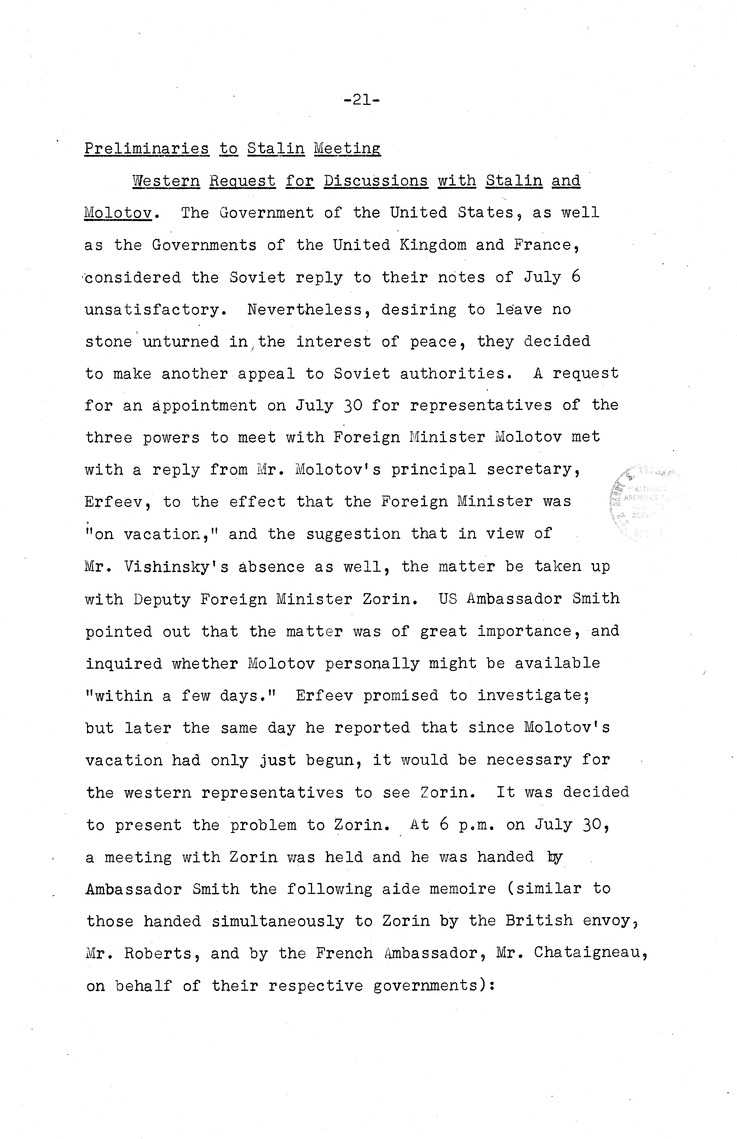 Memorandum from Eben Ayers to President Harry S. Truman, with Attached Report, The Berlin Crisis: Report of the Moscow Discussions, 1948