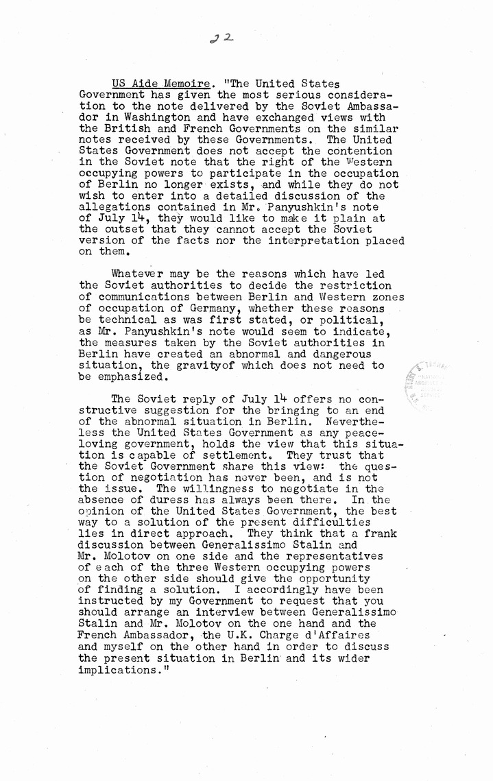 Memorandum from Eben Ayers to President Harry S. Truman, with Attached Report, The Berlin Crisis: Report of the Moscow Discussions, 1948