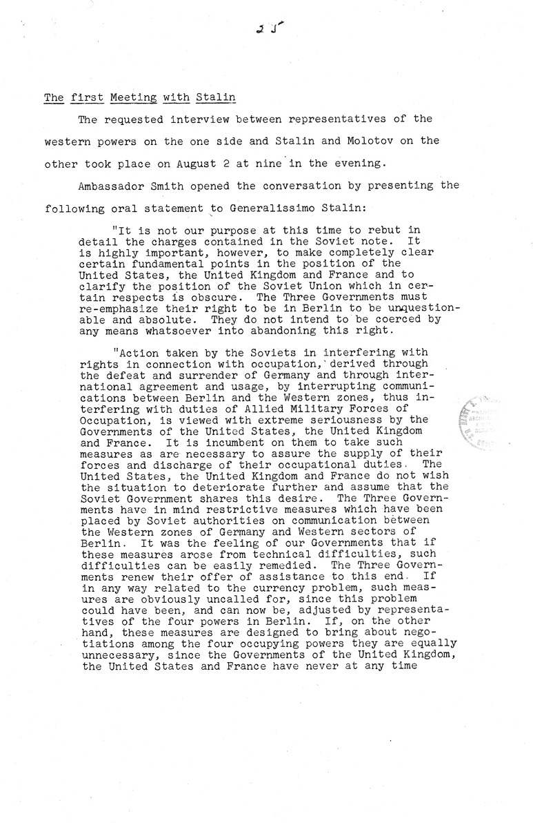 Memorandum from Eben Ayers to President Harry S. Truman, with Attached Report, The Berlin Crisis: Report of the Moscow Discussions, 1948