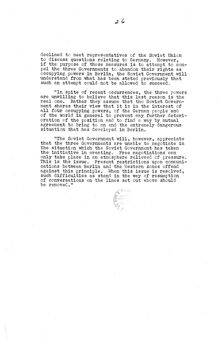 Memorandum from Eben Ayers to President Harry S. Truman, with Attached Report, The Berlin Crisis: Report of the Moscow Discussions, 1948