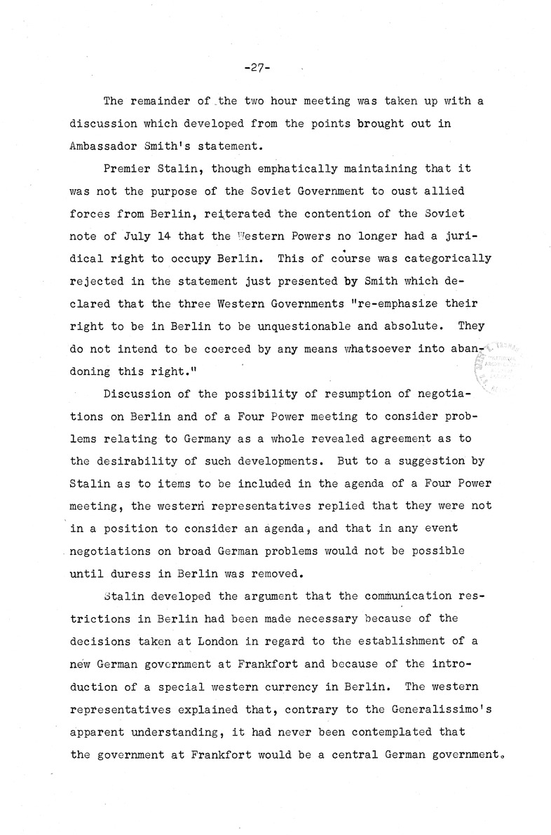 Memorandum from Eben Ayers to President Harry S. Truman, with Attached Report, The Berlin Crisis: Report of the Moscow Discussions, 1948