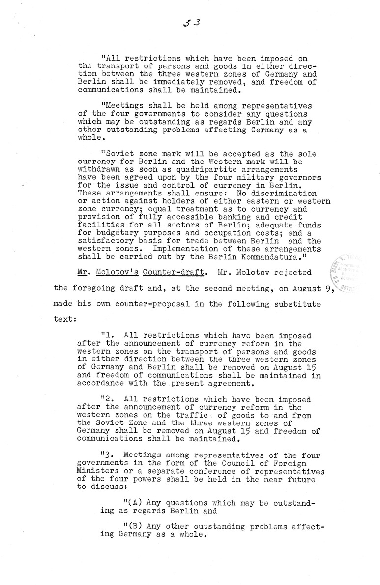 Memorandum from Eben Ayers to President Harry S. Truman, with Attached Report, The Berlin Crisis: Report of the Moscow Discussions, 1948