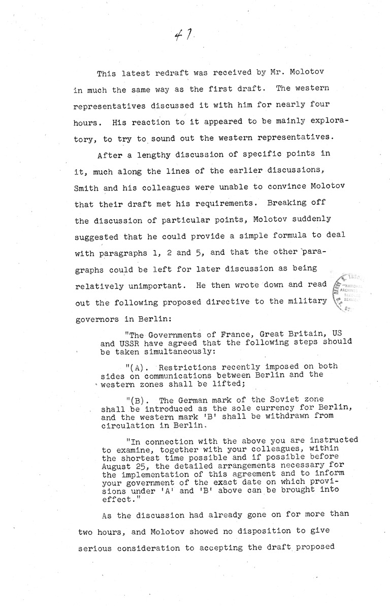 Memorandum from Eben Ayers to President Harry S. Truman, with Attached Report, The Berlin Crisis: Report of the Moscow Discussions, 1948