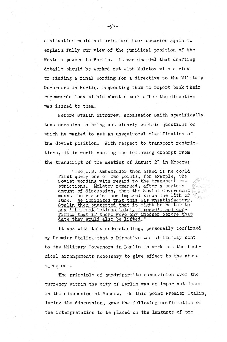 Memorandum from Eben Ayers to President Harry S. Truman, with Attached Report, The Berlin Crisis: Report of the Moscow Discussions, 1948