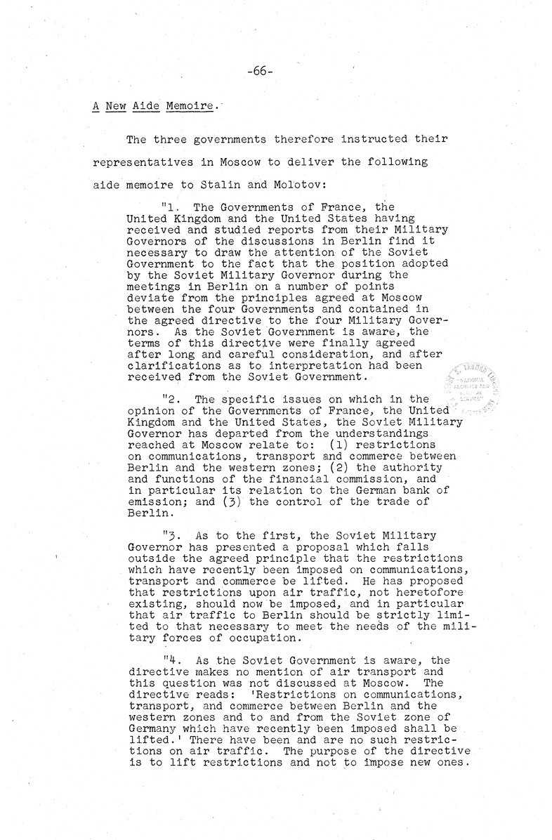 Memorandum from Eben Ayers to President Harry S. Truman, with Attached Report, The Berlin Crisis: Report of the Moscow Discussions, 1948