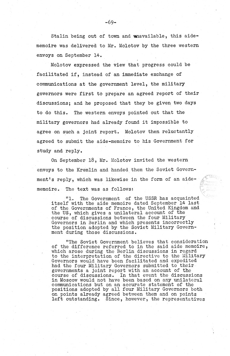 Memorandum from Eben Ayers to President Harry S. Truman, with Attached Report, The Berlin Crisis: Report of the Moscow Discussions, 1948