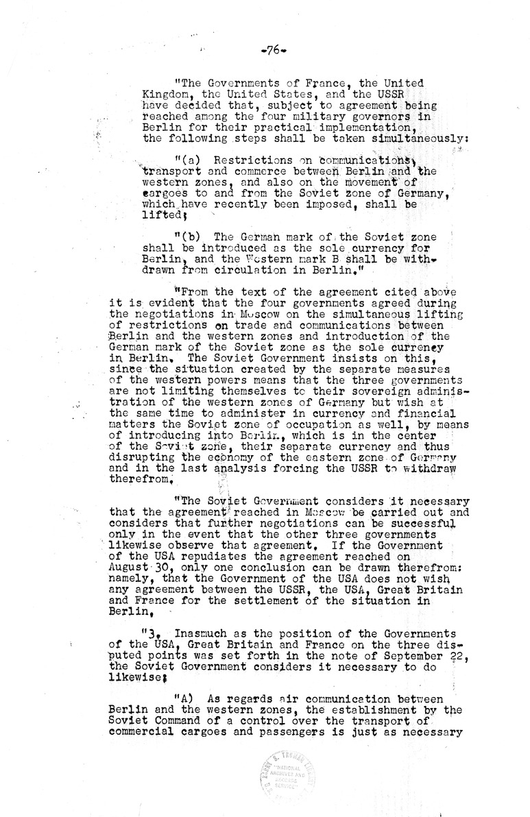 Memorandum from Eben Ayers to President Harry S. Truman, with Attached Report, The Berlin Crisis: Report of the Moscow Discussions, 1948