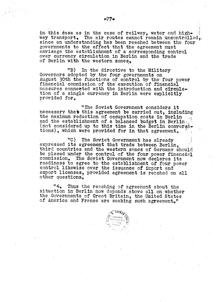 Memorandum from Eben Ayers to President Harry S. Truman, with Attached Report, The Berlin Crisis: Report of the Moscow Discussions, 1948