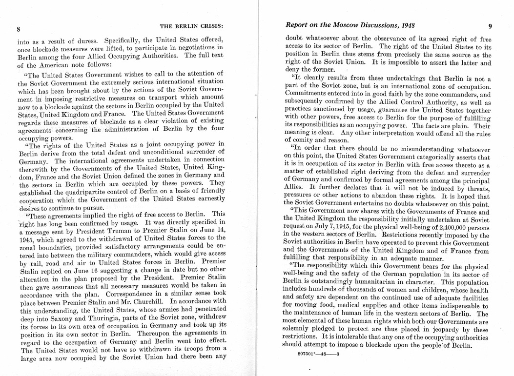 Department of State Published Report, The Berlin Crisis: A Report on the Moscow Discussions, 1948