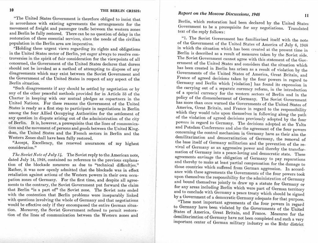 Department of State Published Report, The Berlin Crisis: A Report on the Moscow Discussions, 1948