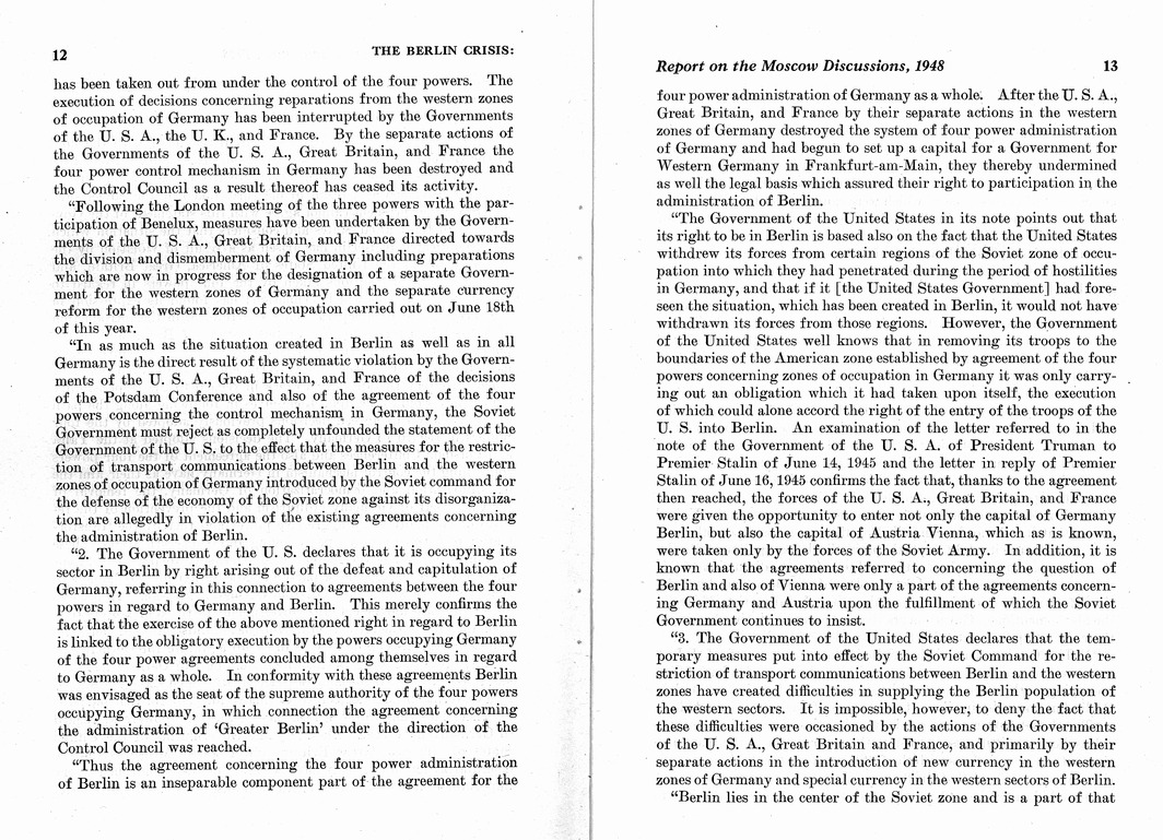 Department of State Published Report, The Berlin Crisis: A Report on the Moscow Discussions, 1948