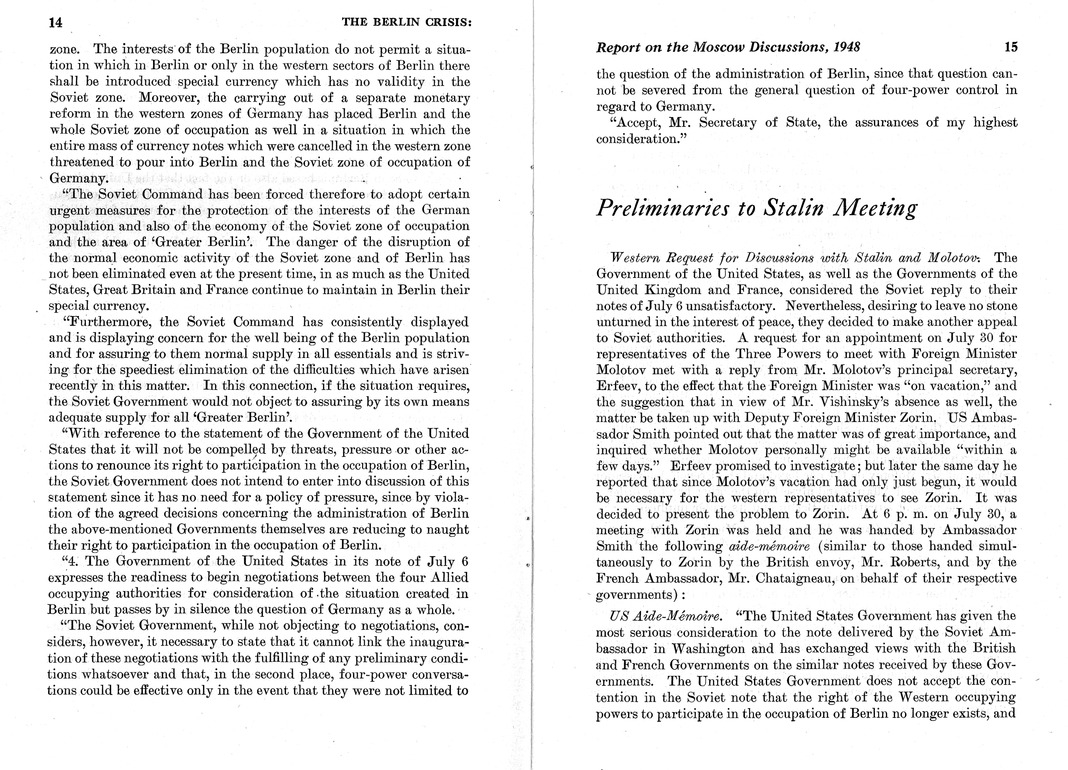 Department of State Published Report, The Berlin Crisis: A Report on the Moscow Discussions, 1948