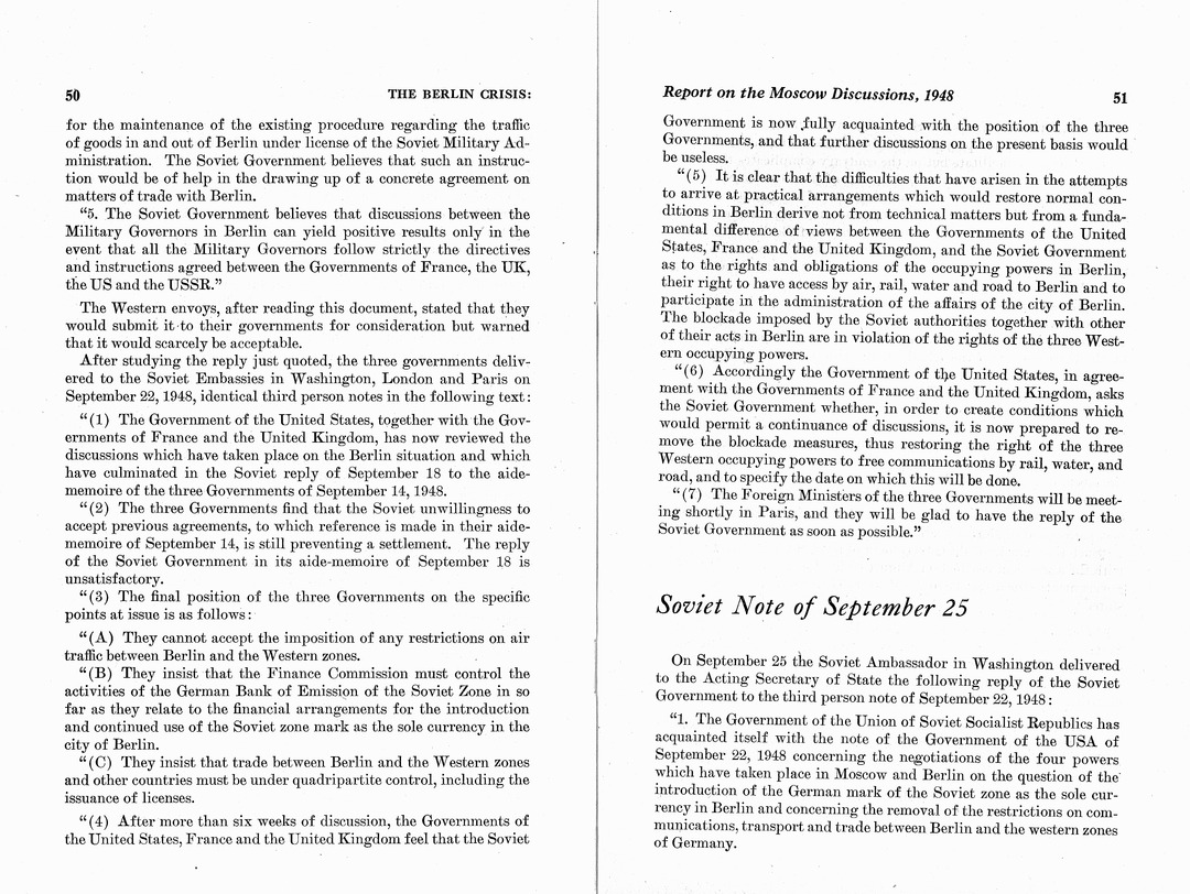 Department of State Published Report, The Berlin Crisis: A Report on the Moscow Discussions, 1948