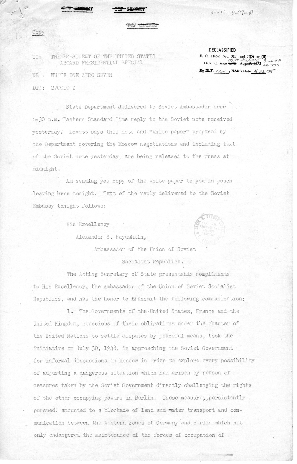 Message from the Department of State to President Harry S. Truman