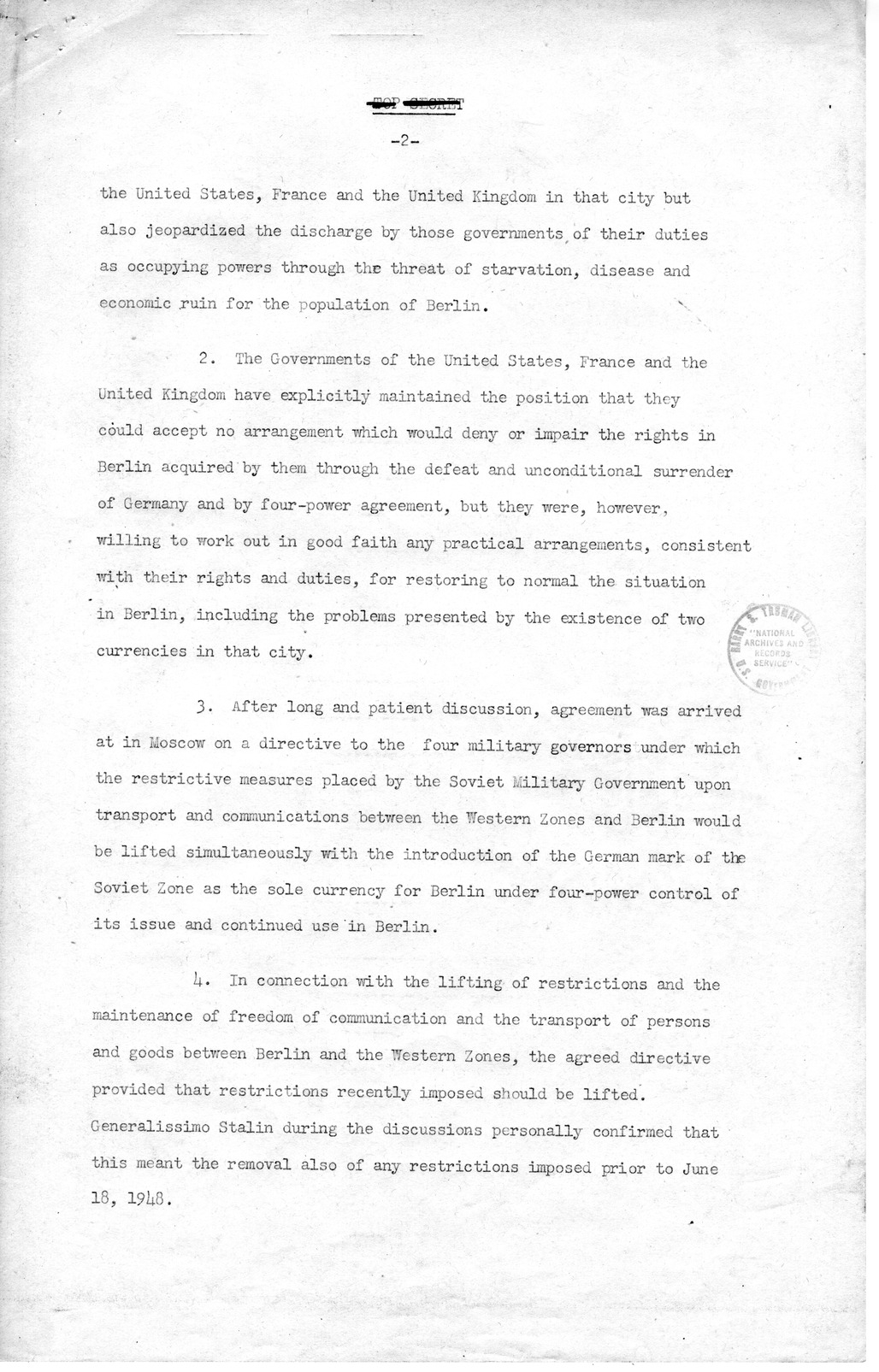 Message from the Department of State to President Harry S. Truman