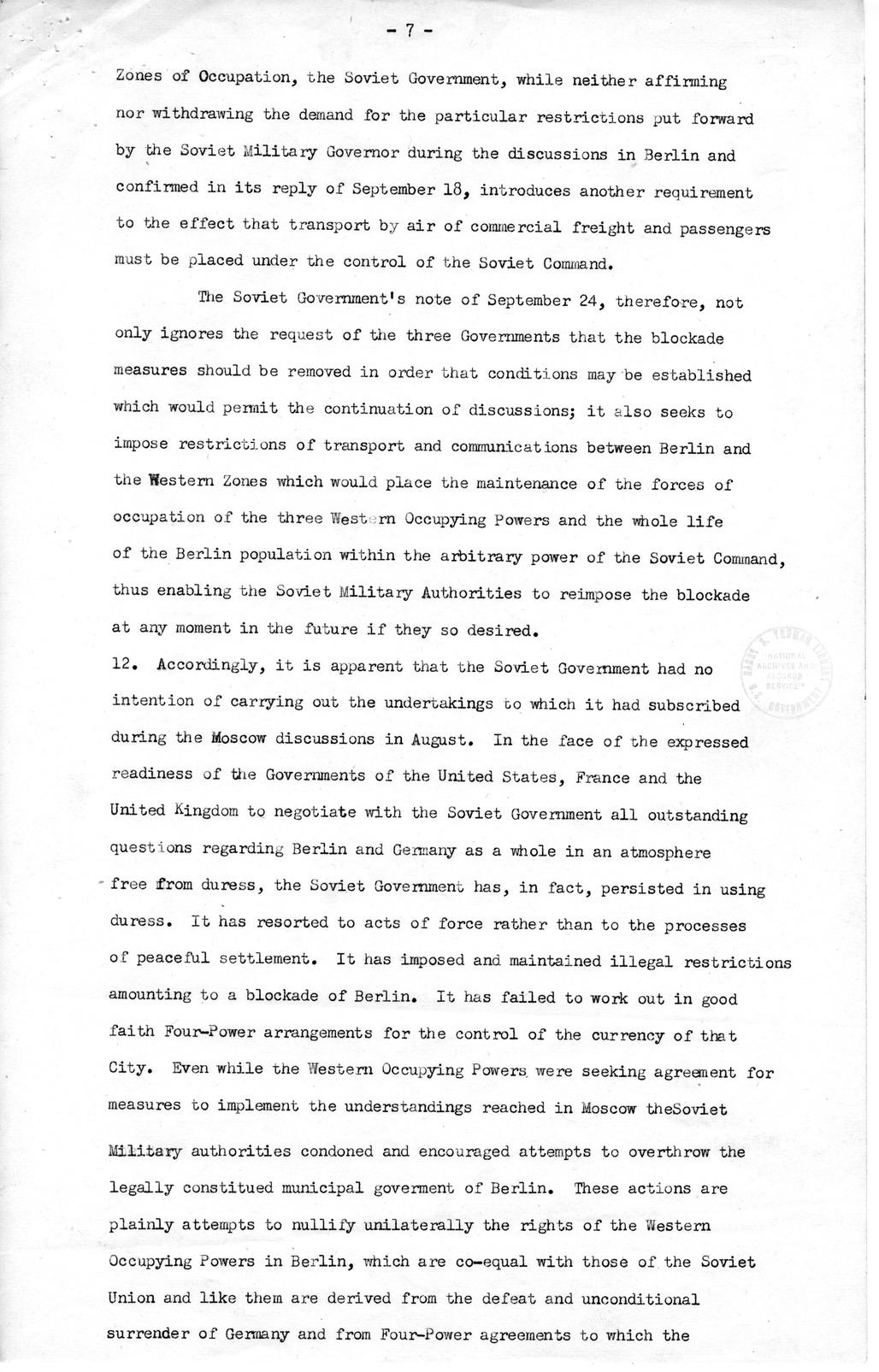 Message from the Department of State to President Harry S. Truman