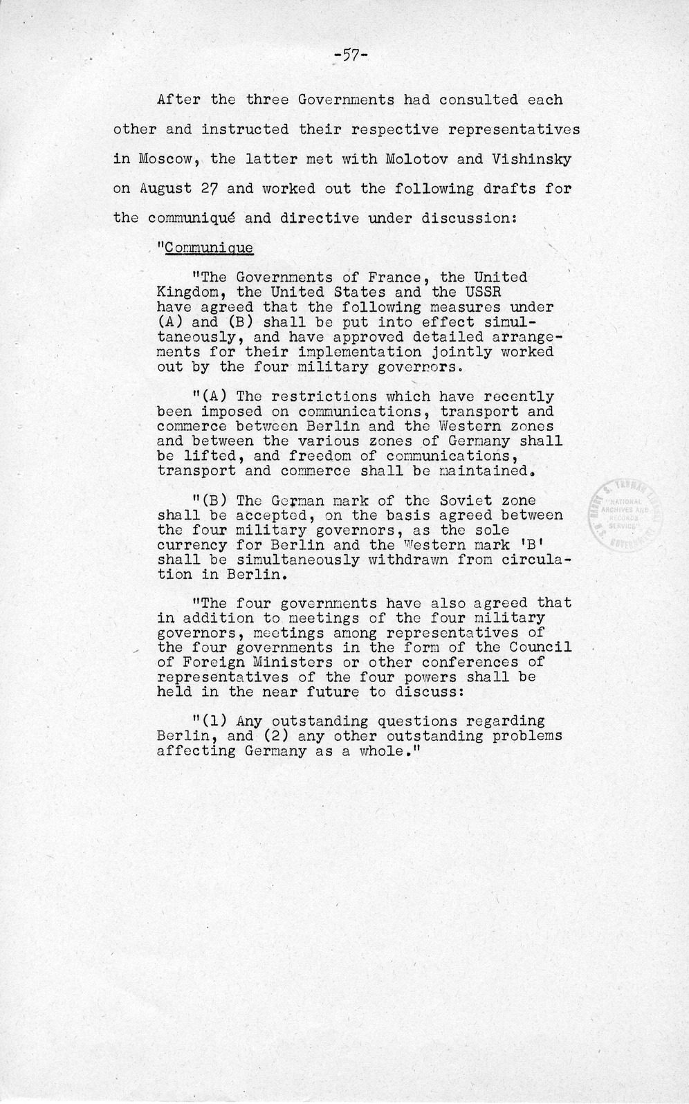 Press Release, The Berlin Crisis: A Report on the Moscow Discussions, 1948